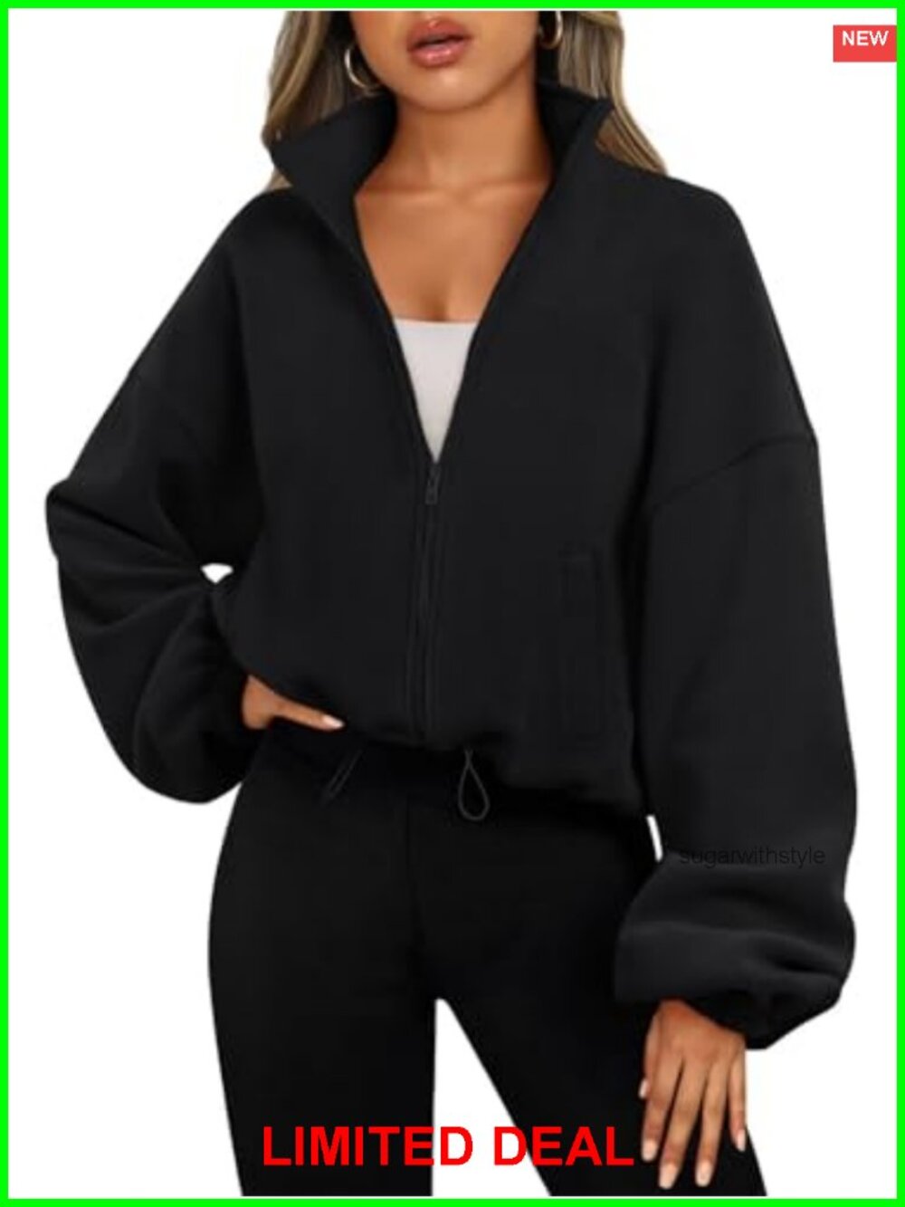 Oversized Cropped Fleece Jacket Zip Up Sweatshirt Y2K Drop Shoulder